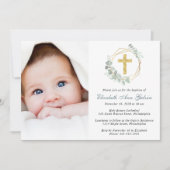 ユーカリ金ゴールドクロススクリプト写真バプテスマ 招待状 (正面)