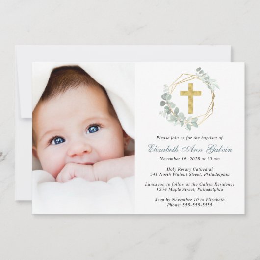 ユーカリ金ゴールドクロススクリプト写真バプテスマ 招待状 (正面)