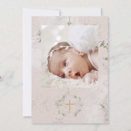 ユーカリ金ゴールドクロスリースガールバプティスフォト 招待状 (裏面)