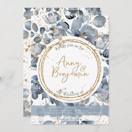 ユーカリ金ゴールドグリッターダスティブルー招待状1 招待状 (正面/裏面)