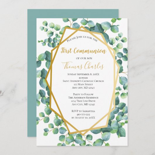 ユーカリ金ゴールドグリーナリーボーイガールファースト・コミュニオン 招待状 (正面/裏面)