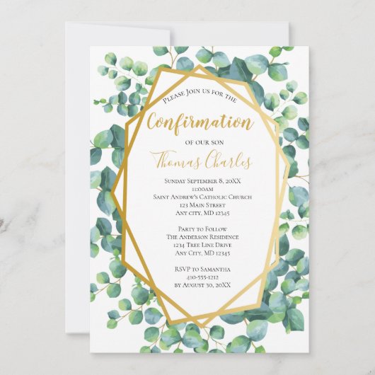 ユーカリ金ゴールドグリーンフローラボーイガール確認 招待状 (正面)