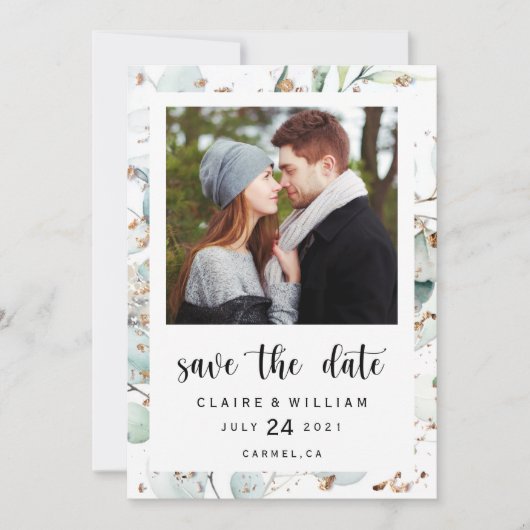 ユーカリ金ゴールドグリーンリー写真Save the Date Card セーブザデート (正面)