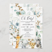 ユーカリ金ゴールドサファリ動物ベビーシャワー 招待状 (正面/裏面)