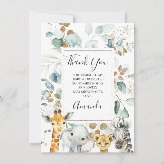 ユーカリ金ゴールドサファリ動物赤ちゃんシャワーカード 招待状 (正面)