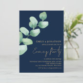 ユーカリ金ゴールドネイビー結婚ブルーの夕べパーティー 招待状 (スタンド正面)