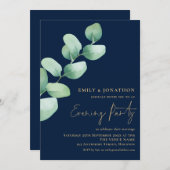 ユーカリ金ゴールドネイビー結婚ブルーの夕べパーティー 招待状 (正面/裏面)
