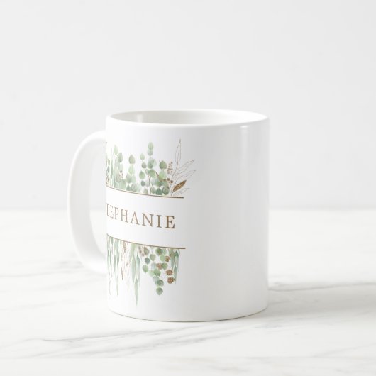 ユーカリ金ゴールドパーソナライズされたブライドメイド・ギフト コーヒーマグカップ (正面左)