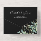 ユーカリ金ゴールドフレーム結婚ブラックとRSVP オールインワン招待状 (裏面)