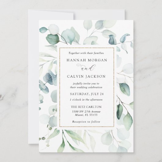 ユーカリ金ゴールドフレーム結婚式招待状 招待状 (正面)