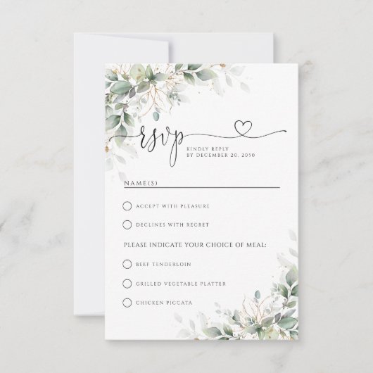 ユーカリ金ゴールドフローラグリーンリーウェディングRSVPカード 出欠カード (正面)