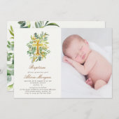 ユーカリ金ゴールドフローラ交差洗礼写真 招待状 (正面/裏面)