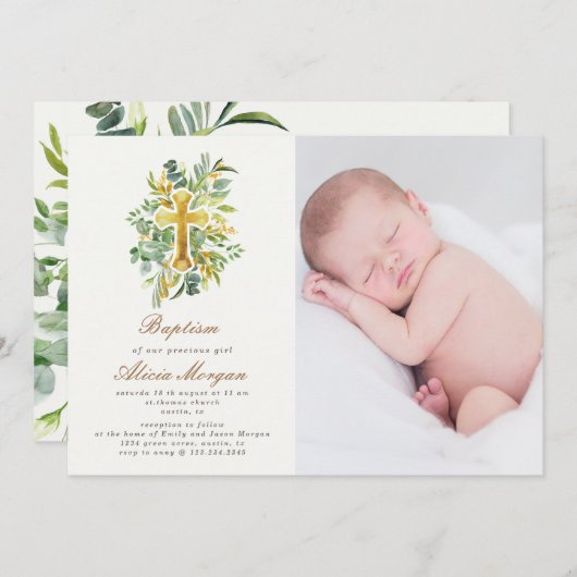 ユーカリ金ゴールドフローラ交差洗礼写真 招待状 (正面/裏面)