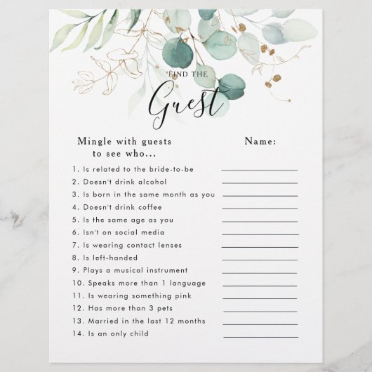 ユーカリ金ゴールドブライダルシャワーを見つけるゲストゲーム (正面)