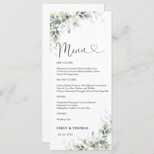 ユーカリ金ゴールドブライダルシャワーメニュー メニュー (正面/裏面)