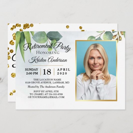 ユーカリ金ゴールド写真退職パーティの招待状 招待状 (正面/裏面)