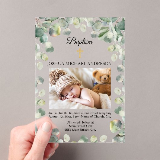 ユーカリ金ゴールド十字宗教バプテスマ写真 アクリル招待状 (インサイチュ (ポータブル))