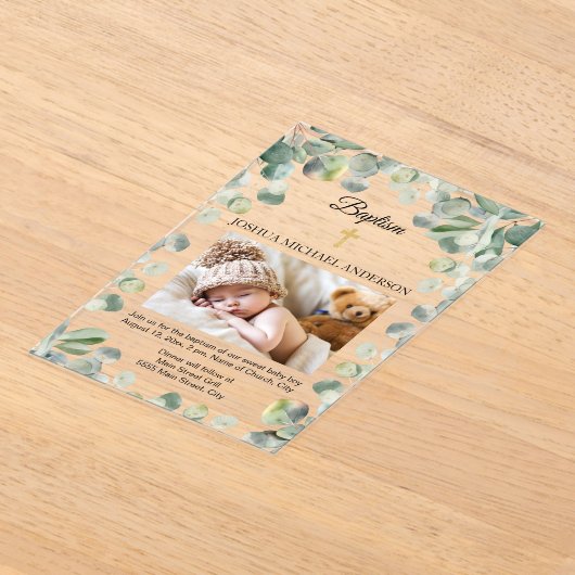 ユーカリ金ゴールド十字宗教バプテスマ写真 アクリル招待状 (レイダウン)