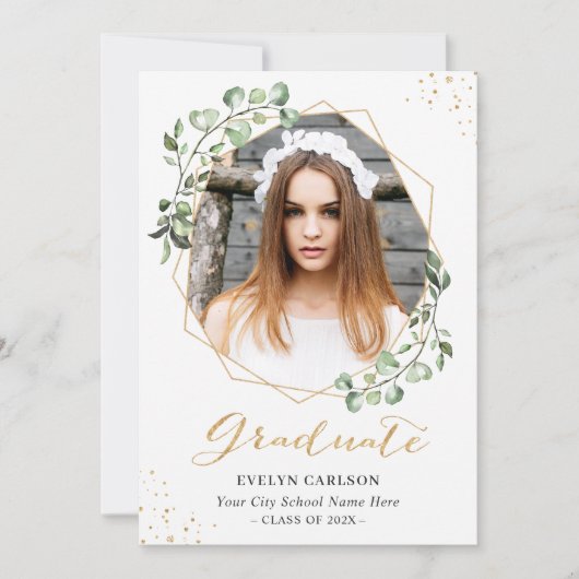 ユーカリ金ゴールド幾何写真卒業パーティー 招待状 (正面)