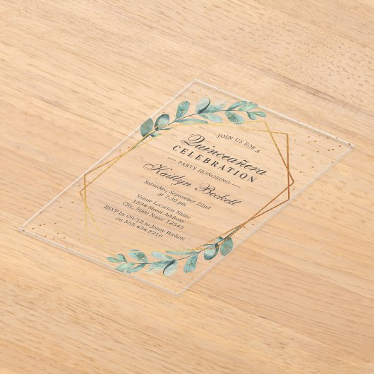 ユーカリ金ゴールド幾何学キンセニェラ誕生日 アクリル招待状 (レイダウン)