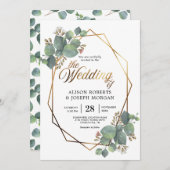 ユーカリ金ゴールド幾何学的フレーム結婚式招待状 招待状 (正面/裏面)