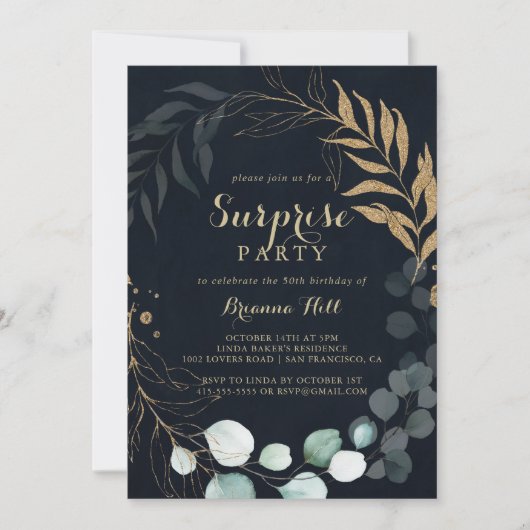 ユーカリ金ゴールド書道ブルーサプライズパーティー 招待状 (正面)