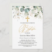 ユーカリ金ゴールド葉十字洗礼 招待状 (正面/裏面)