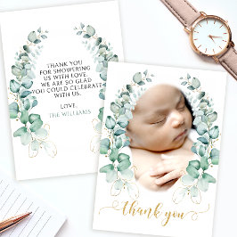 ユーカリ金ゴールド赤ちゃんシャワー写真サンキューカード サンキューカード