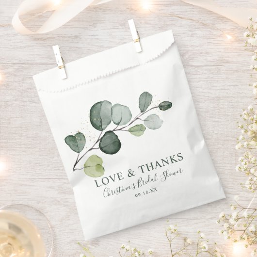 ユーカリ金ゴールド（ばちゃばちゃ）跳ねる水彩ブライダルシャワー フェイバーバッグ (クリップ留めされた状態)