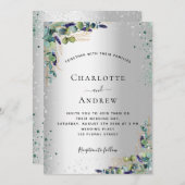 ユーカリ銀色の緑の輝結婚き 招待状 (正面/裏面)