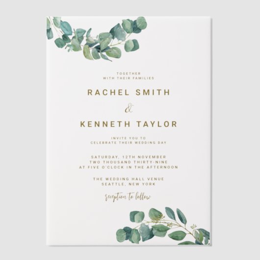 ユーカリ離れグリンミナ素朴リスト結婚ズ ベラム紙招待状 (正面)