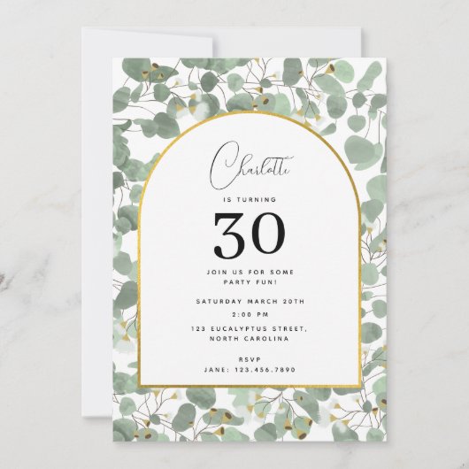 ユーカリ離れスエレガント金ゴールド誕生会 招待状 (正面)