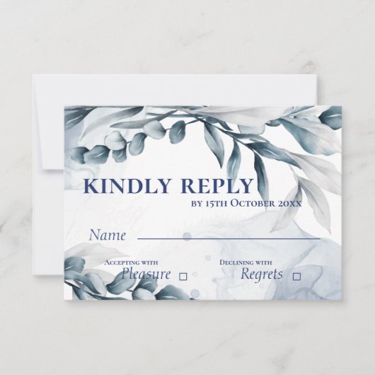 ユーカリ離れスダスティブルーエレガントな結婚式 出欠カード (正面)