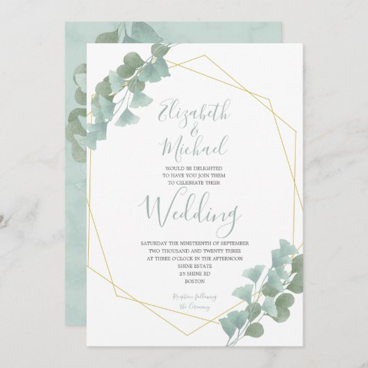 ユーカリ離れス幾何の夏エレガントな結婚式 招待状 (正面/裏面)
