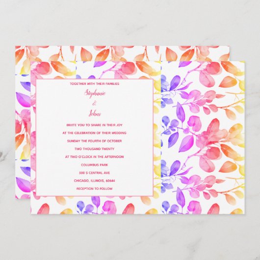 ユーカリ離れ抽象芸術アートピンクモダン結婚ズ 招待状 (正面/裏面)