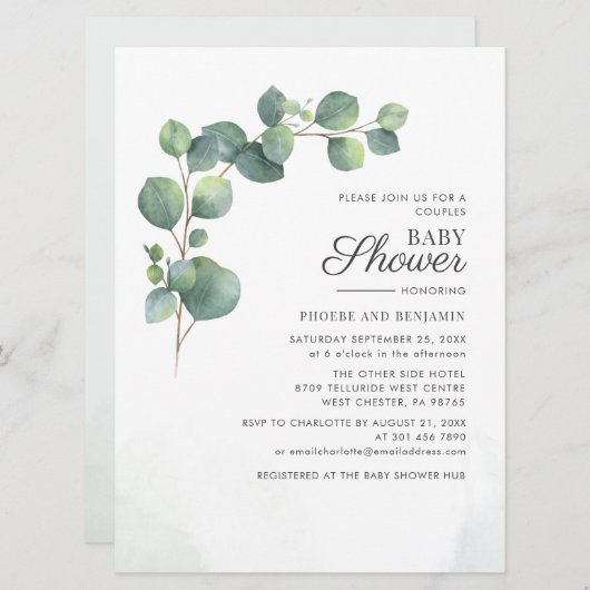 ユーカリ離れ植物性カップル赤ちゃんシャワー 招待状 (正面/裏面)