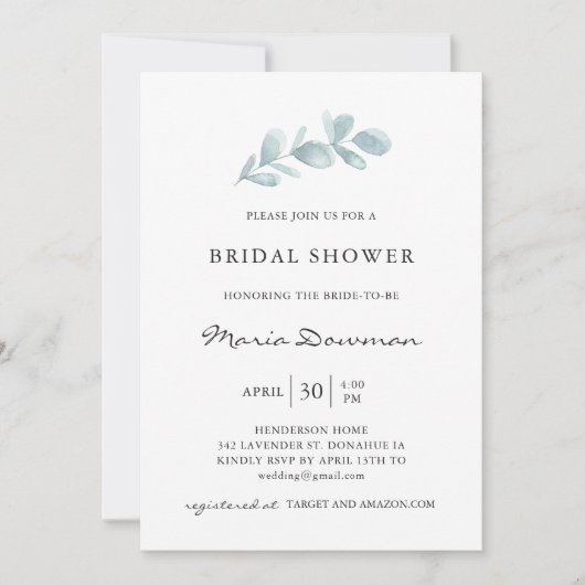 ユーカリ風の葉エレガントブライダルシャワーInv 招待状 (正面)