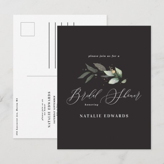 ユーカリ黒金ゴールドブライダルシャワー 案内ポストカード (正面/裏面)