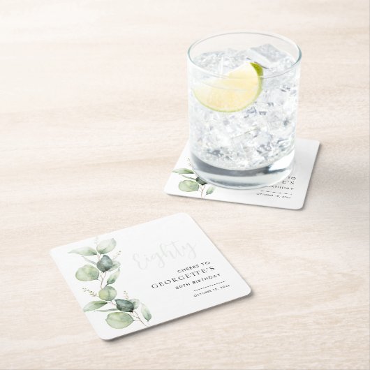 ユーカリ80誕生日水彩 スクエアペーパーコースター (インサイチュ)