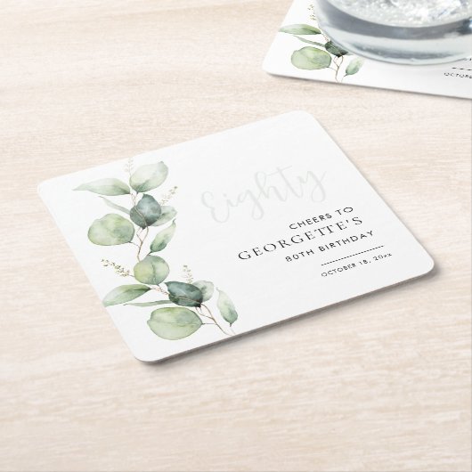 ユーカリ80誕生日水彩 スクエアペーパーコースター (アングル)