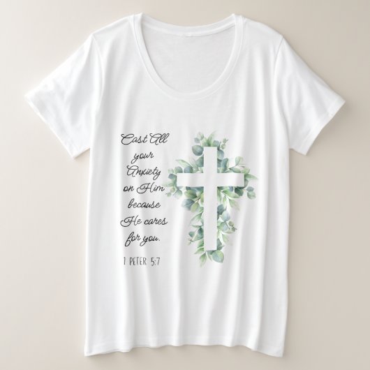 ユーカリ・クロスに全ての不安を投げ掛ける プラスサイズTシャツ (デザイン正面)