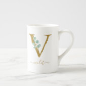 ユーカリ・グリーナリー水彩金ゴールドMonogram V ボーンチャイナマグカップ (右)