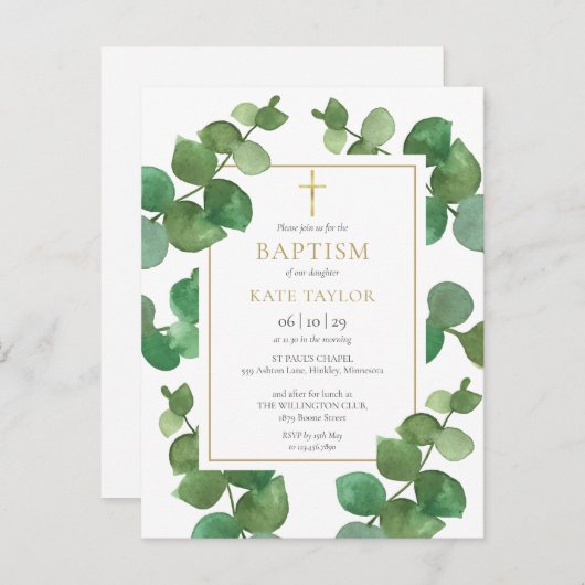 ユーカリ・グリーナリー・バプティス《キリスト教》洗礼式や命名式招待状 インビテーションポストカード (正面/裏面)