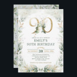 ユーカリ・グリーナリー・金ゴールド・ガーデン90th誕生日 招待状<br><div class="desc">サエレガントージュ・グリーンと金ゴールドで美しい水彩緑を取り上げた植物をテーマにした90回目の誕生日招待</div>