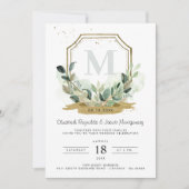 ユーカリ グリーン エレガント ゴールド クレスト ウェディング 招待状 (正面)