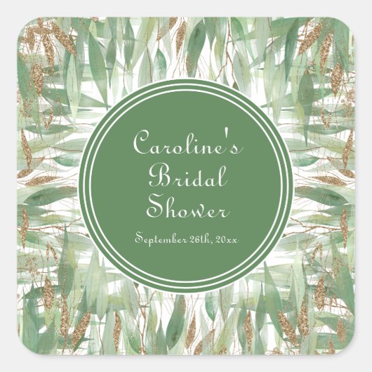 ユーカリ グリーン ゴールド グリッター リーフ ブライダル シャワー スクエアシール (正面)
