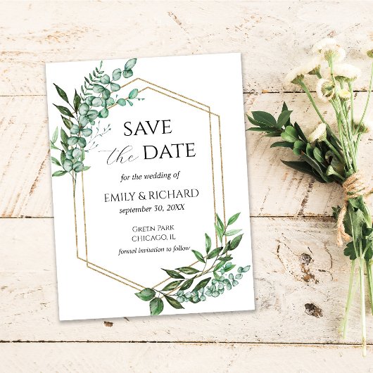 ユーカリ グリーン ゴールド Save the Date ポストカード
