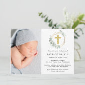 ユーカリ ゴールド クロス 水彩 フォト 洗礼 招待状 (スタンド正面)