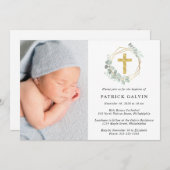 ユーカリ ゴールド クロス 水彩 フォト 洗礼 招待状 (正面/裏面)