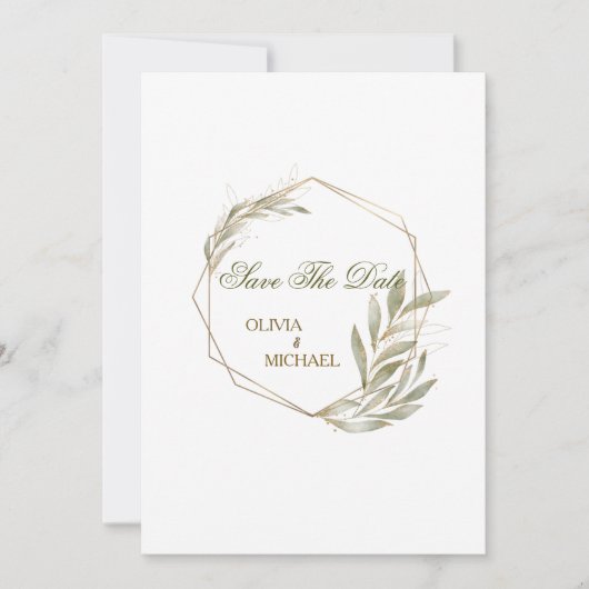 ユーカリ ゴールド ジオメトリック フレーム Save The Date 招待状 (正面)